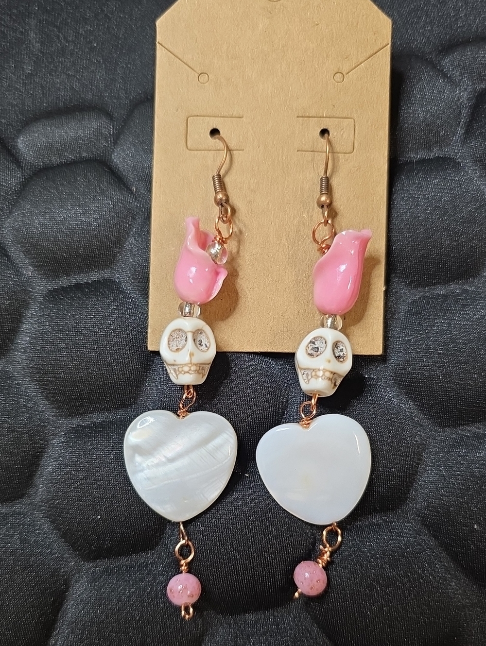 Pink Tulip & White Heart Skull Dangle Earrings